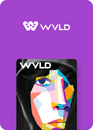 An image shows a WYLD card with a colorful, geometric portrait. 