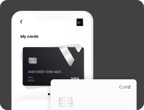 An image shows a card partially covering a mobile phone screen, which displays a section of an application labeled ‘My Cards’ with card details and a profile image.